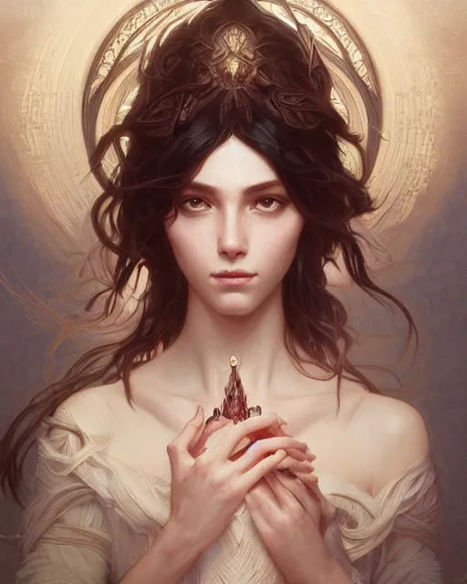 Prompt: portrait of a transcendental creature, d & d, fantasy, intricate, elegant, highly detailed, digital painting, artstation, concept art, smooth, sharp focus, illustration, art by artgerm and greg rutkowski and alphonse mucha