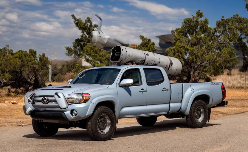 Prompt: photo of a UB-32 rocket pod on a Toyota Tacoma, highly detailed, 4k photo, shot with sony alpha