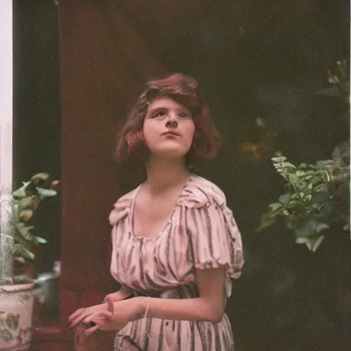 Image similar to a vintage 1 9 1 0 s kodachrome slide portrait of a young woman at home.