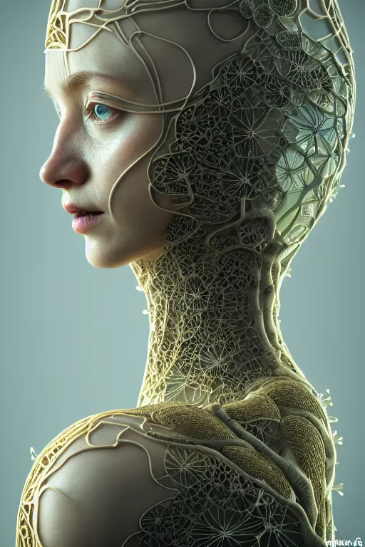 Prompt: intricate hyper detailed ultra sharp 3 d render of a beautiful porcelain biomechanical woman profile portrait, large pore fungi embroidered, cyberpunk art nouveau, haute couture leaves stems blooming dahlia transparent fractal dandelion yellow pistil filigree roots, intricate details, octane render, volumetric cinematic lighting, vray tracing, 8 k post - production