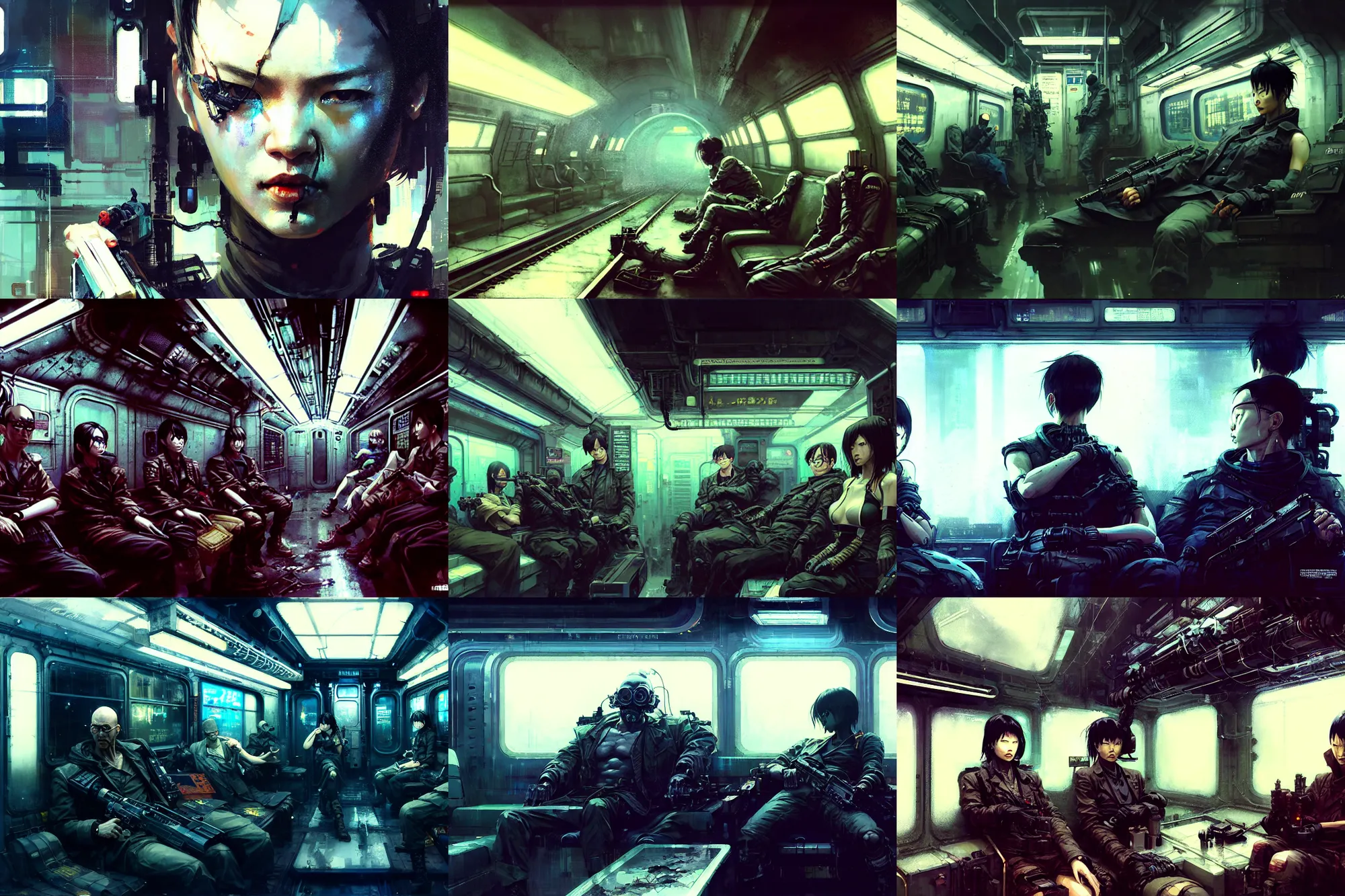 Prompt: hyper - realistic cinematic shot of cyberpunk portrait of military subway car interior, extreme detail, in style of pan ren wei, yoji shinkawa, ilya kuvshinov, atey ghailan, by greg rutkowski, by greg tocchini, by jeremy mann, by james gilleard, by joe fenton, by kaethe butcher, grunge aesthetic