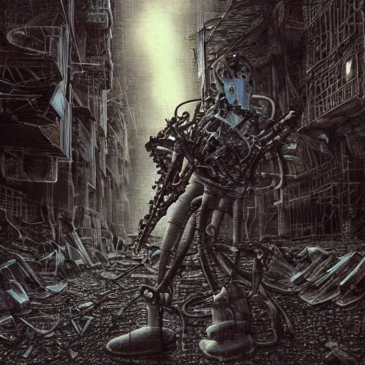 Prompt: robot shredding guitar solo standing in ruined burning street by Yoshitaka Amano, by HR Giger, biomechanical, 4k, hyper detailed, hyperrealism, anime, a Blood Moon rising on a Broken World, deviantart, artstation