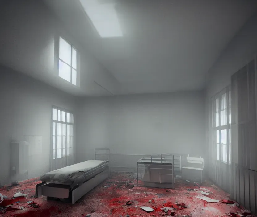 Image similar to Abandoned hospital room with red ceiling lighting and several blue lights on the walls, gloomy and foggy atmosphere, octane render, artstation trending, horror scene, highly detailded