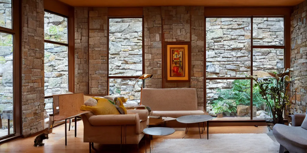 Image similar to interior of a small frank lloyd wright apartment with award winning stone work wall, photo