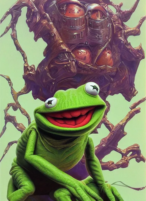 Image similar to portrait of kermit the frog in masters of the universe ( 1 9 8 7 ), highly detailed, centered, solid color background, digital painting, artstation, concept art, smooth, sharp focus, illustration, artgerm, donato giancola, joseph christian leyendecker, les edwards, ed repka, wlop, artgerm