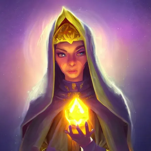 Prompt: beautiful holy female wizard, yellow lighting, emma waston face, in hearthstone art style, epic fantasy style art, fantasy epic digital art, epic fantasy card game art