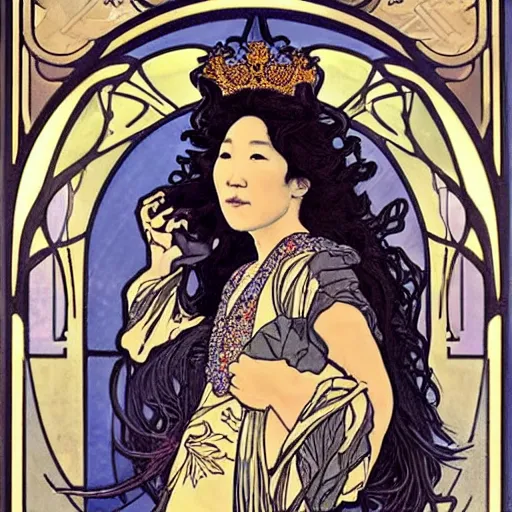 Image similar to sandra oh portrait by louis - theophile hingre and alphonse mucha, realistic, sharp focus, zodiac signs, tarot cards, planets, ethereal, art nouveau, magic, moon, sun, crown, dreamy, royal, jewellery