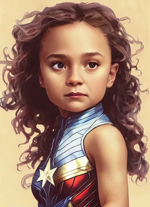 Prompt: a little girl with a mischievous face and light brown curly wavy hair. she is dressed as captain marvel, wonder woman, captain america, a superhero. clean elegant painting, beautiful detailed face. by artgerm and greg rutkowski and alphonse mucha