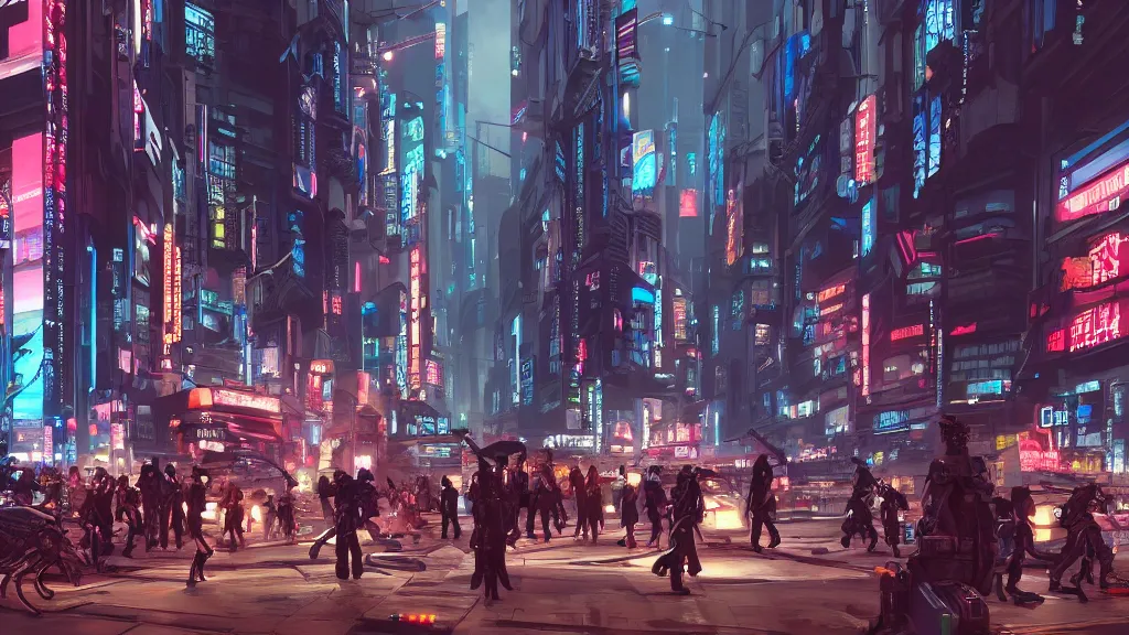 Image similar to cyberpunk city street with many people and robots of different heights, tokyo, volumetric lighting, fight happening, trending artstation, unreal engine 5, matte painting, atmospheric perspective, huge depth of field, by syd mead, dreadjim, fengzhu