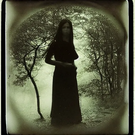 Prompt: an ancient evil-girl on a mysterious fractal forest, mist, 1910 polaroid photography, grainy film, Black and white