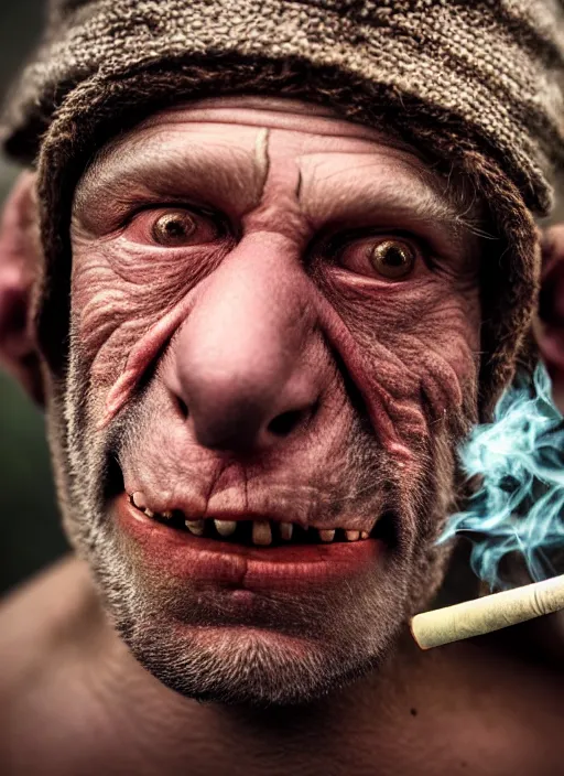 Prompt: closeup portrait of a medieval goblin smoking a cigarette, depth of field, zeiss lens, detailed, symmetrical, centered, fashion photoshoot, by Annie Leibovitz and Steve McCurry, David Lazar, Jimmy Nelsson, Breathtaking, 8k resolution, extremely detailed, beautiful, establishing shot, artistic, hyperrealistic, beautiful face, octane render