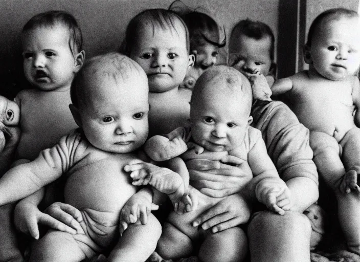 Prompt: high resolution black and white portrait with an 8 0 mm f / 1 2 lens of babies in chernobyl in 1 9 8 9.