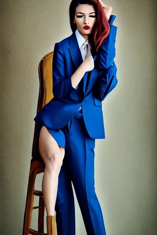 Image similar to realistic photoshooting for trouser suit, bright colors, vhs colour photography, fashion photography, vogue, smooth skin, perfect face, 8 0 mm lens, 1. 2 aperture, cinematic light, agency model img models