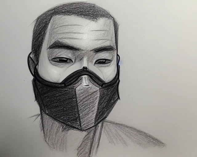 Image similar to draft drawing of a european man covering face with mask, a sketch by choro choi, thin stroke, trending on artstation, context art, pencil sketch, high detail