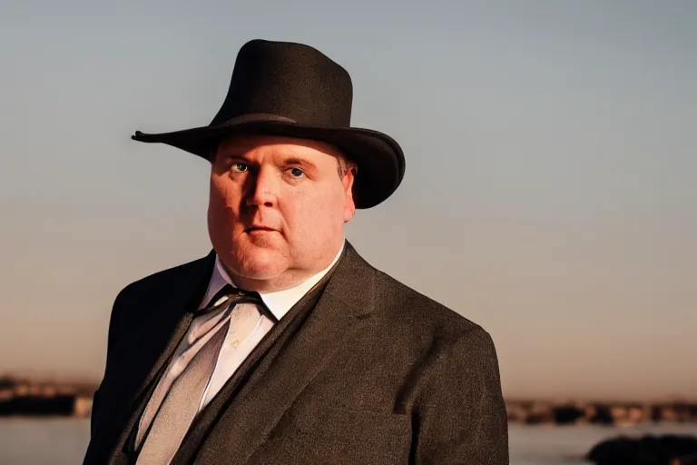 Image similar to cinematic still of portly clean-shaven white man wearing suit and necktie and boater hat, XF IQ4, f/1.4, ISO 200, 1/160s, 8K, RAW, dramatic lighting, symmetrical balance, in-frame
