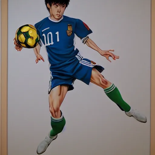 Image similar to captain tsubasa in real life, hyperrealism, photography, posing