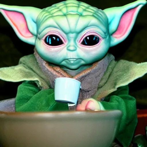 Image similar to baby yoda drinking green tea