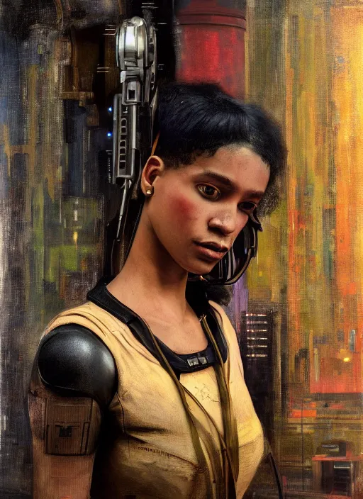 Prompt: Maria Igwe. Beautiful Cyberpunk mechanic with robotic legs. (Cyberpunk 2077, bladerunner 2049). Iranian orientalist portrait by john william waterhouse and Edwin Longsden Long and Theodore Ralli and Nasreddine Dinet, oil on canvas. Cinematic, vivid colors, hyper realism, realistic proportions, dramatic lighting, high detail 4k