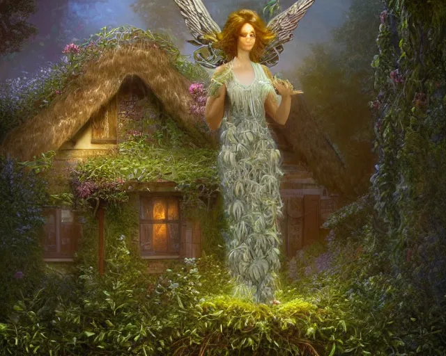 Prompt: a male winged angel made of vines and flowers and moss, standing in front of a beautiful cottage, a digital painting by thomas canty and thomas kincade and ross tran, art nouveau, atmospheric lighting, trending on artstation