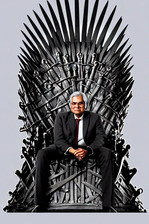 Image similar to Ranil Wickramasinghe sitting on the iron throne, digital art, dark color scheme