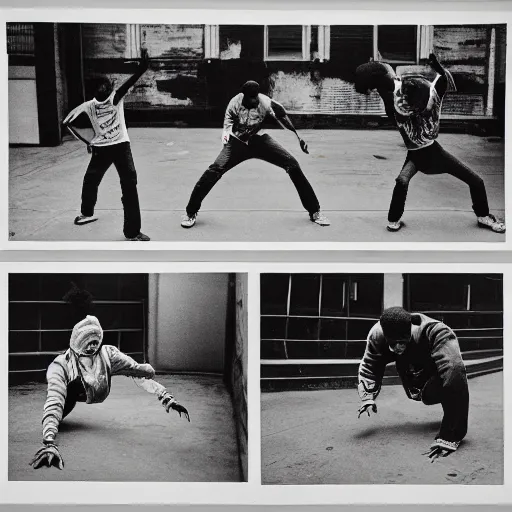 Prompt: four breakdancers battling in the bronx in 1984, by Andy Warhol, gritty, detailed, Moody lightning