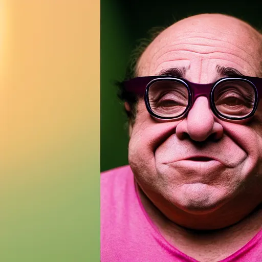 Image similar to closeup Danny DeVito dressed as kirby, round pink character, by Steve McCurry and David Lazar, natural light, detailed face, CANON Eos C300, ƒ1.8, 35mm, 8K, medium-format print