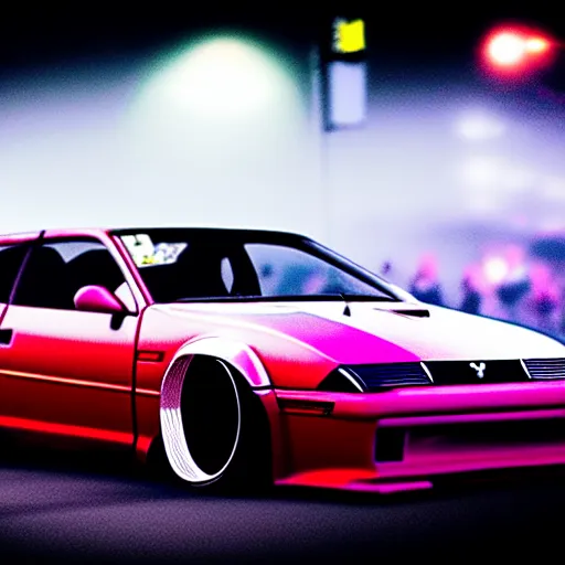 Image similar to a car 300ZX turbo drift at illegal car meet, Chiba prefecture, city midnight mist lights, cinematic lighting, photorealistic, highly detailed wheels