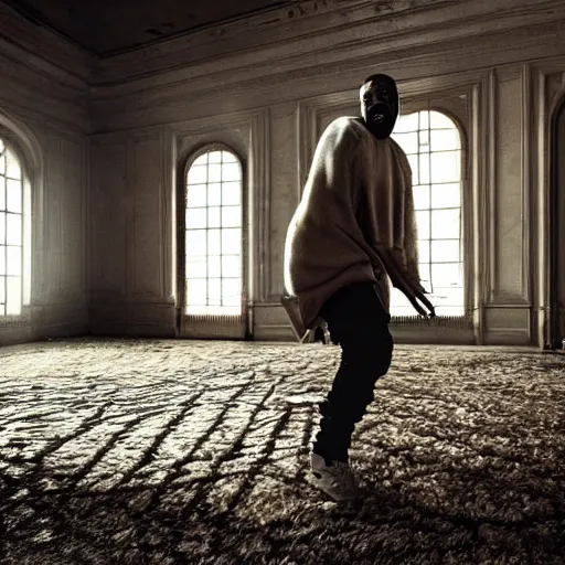 Image similar to kanye west dancing in an abandoned mansion, ominous lighting, realistic, elegant, beautiful, 4 k, sad.