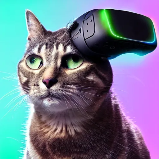 Image similar to a cat wearing a vr headset, cyberpunk, rgb,