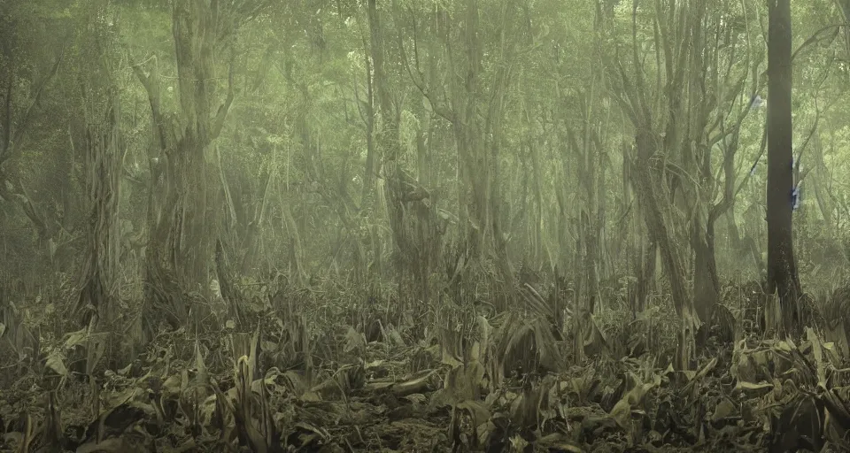 Image similar to A dense and dark enchanted forest with a swamp, from Kenshin