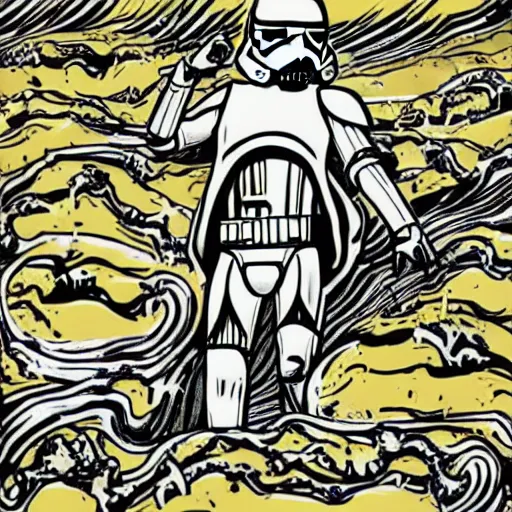Prompt: pop - wonder - nft alien - meat half - tone - art of a storm - trooper wading through the goopy - muck and slithering about the castle side delights on a melted cheesy day in a hand - drawn vector, svg, cult - classic - comic - style