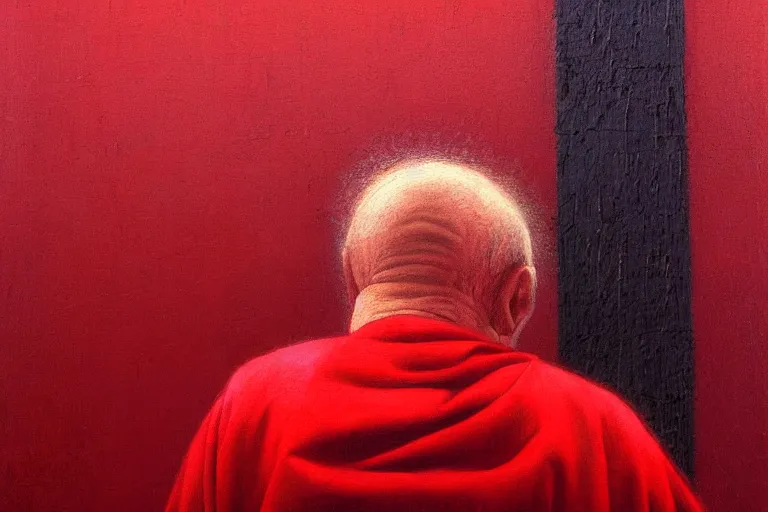 Image similar to only with red, a red old man try to sell a portrait, cheering crowd, in the style of beksinski, parts by edward hopper, parts by rodcenko, parts by yue minjun, intricate and epic composition, red by caravaggio, insanely quality, highly detailed, masterpiece, red light, artstation, 4 k