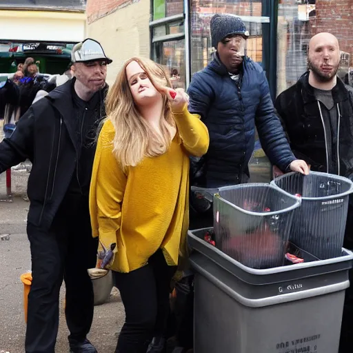 Prompt: News footage of singer Adele going through someone's bins in East London