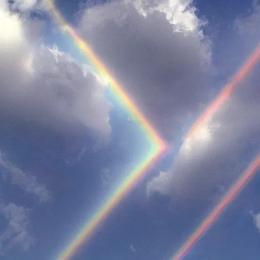 Image similar to a photo of the sky, there are puffy clouds and prismatic cracks crisscrossing the sky