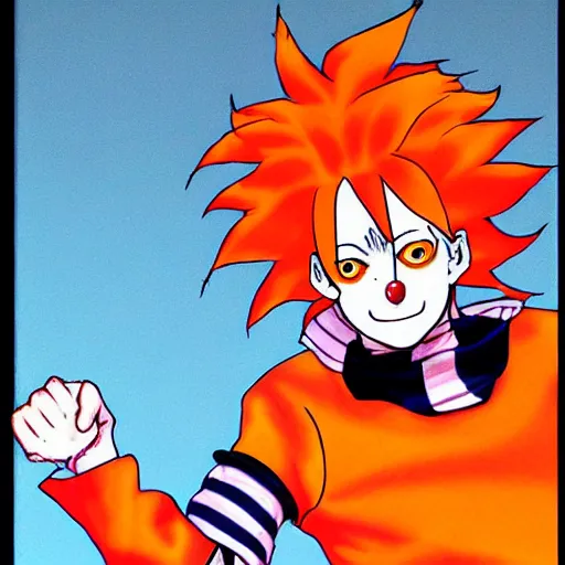 Image similar to a clown wearing orange wig and striped shirt, art by hirohiko araki, hirohiko araki, araki artwork, jjba concept art,