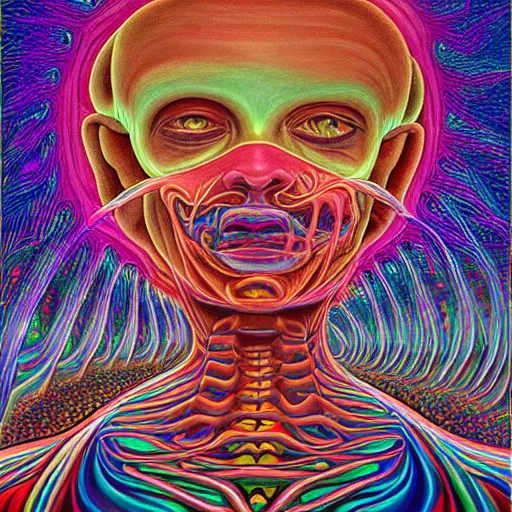 Image similar to Painting of human consciousness spilling from a vessel that is made of a holographic universal mind. By Alex Grey, Terence McKenna, and Adam Jones, Psychedelic . Part by Cameron Grey. masterpeice