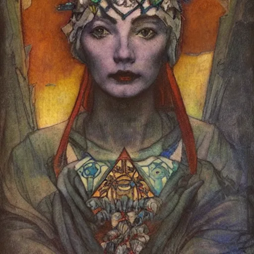 Image similar to the lantern crown, by Annie Swynnerton!!!! and Nicholas Roerich! and (Edmund Dulac) and ((((Diego Rivera)))), tattoos, elaborate costume, geometric ornament, symbolist, rich colors, dramatic lighting, smooth, sharp focus, extremely detailed