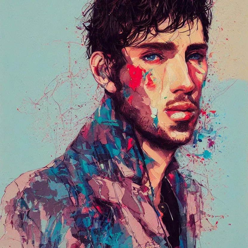 Image similar to close up portrait painting of a male musician in nineties street styling, concept art, intricate details, aesthetically pleasing pastel colors, art by conrad roset, impressionism, portrait