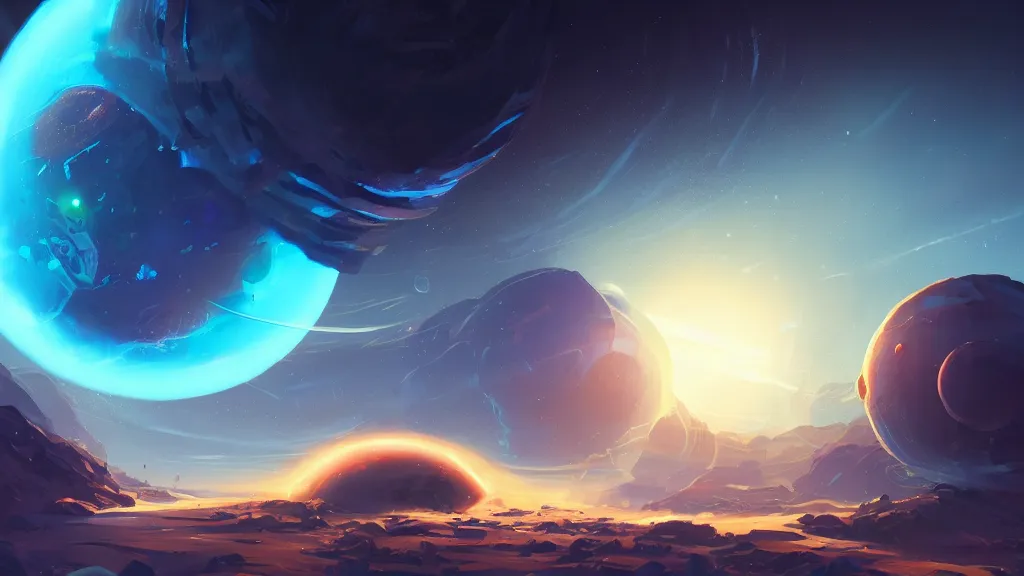 Image similar to a mysterious planet with a giant glowing blue orb at its core, by sylvain sarrailh, rossdraws, ambient light, ultra detailed, fantasy artwork, 8 k, volumetric lighting, trending on artstation, award winning, beautiful scenery, very beautiful.