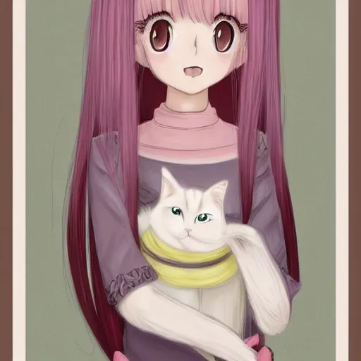 Image similar to a portrait of a young woman with very long pink hair undulating on the wind, light brown eyes, slightly chubby, pale skin, pretty, cute, holding a white cat. style manga with pastel colors. - h 6 4 0