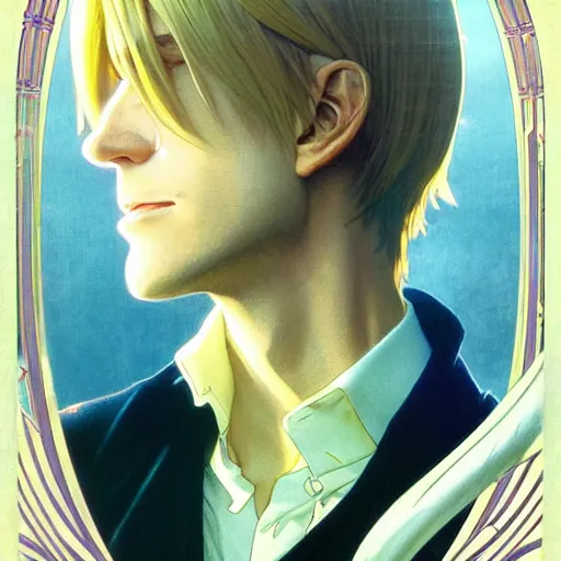 Prompt: highly detailed vfx portrait of a blond centre parting pretty boy by eiichiro oda, makoto shinkai, alphonse mucha, sharp focus, art by artgerm and greg rutkowski!, backlit, harsh overhead sunlight, detailed,