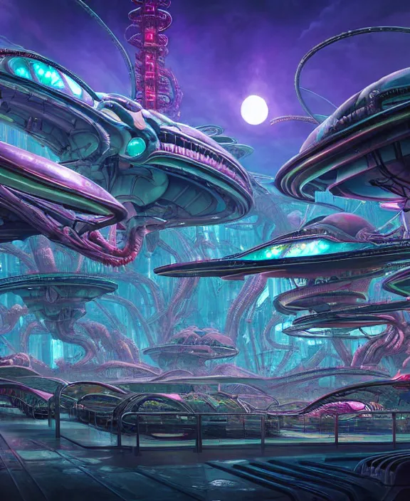 Image similar to an amusement park made out of alien creatures, biological forms, internal organs, in the style of an asymmetrical spaceship, apocalyptic environment, by dan mumford, yusuke murata, makoto shinkai, ross tran, cinematic, unreal engine, cel shaded, featured on artstation, pixiv