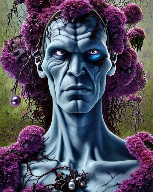 Prompt: the platonic ideal of flowers, rotting, moss, insects, pearls and praying of cletus kasady ultimate carnage thanos dementor doctor manhattan chtulu nazgul davinci, detailed, intricate, hyperrealism, cinematic composition, intense, scary, decay, dmt, art by brock hofer and artgerm and greg rutkowski and alphonse mucha