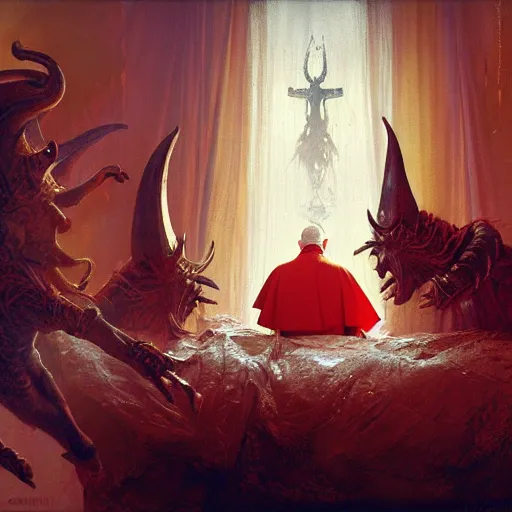 Image similar to the pope is in his bedroom, scared because a horned demon is attacking him. highly detailed painting by gaston bussiere, greg rutkowski, craig mullins 8 k