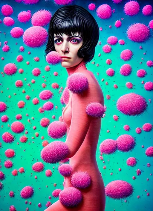 Prompt: hyper detailed 3d render like a Oil painting - Ramona Flowers with wavy black hair wearing thick mascara seen out Eating of the Strangling Strangling network of colorful yellowcake and aerochrome and milky and Her staring intensely delicate Hands hold of gossamer polyp blossoms bring iridescent fungal flowers whose spores black the foolish stars by Jacek Yerka, Mariusz Lewandowski, silly playful fun face, Houdini algorithmic generative render, Abstract brush strokes, Masterpiece, Edward Hopper and James Gilleard, Zdzislaw Beksinski, Mark Ryden, Wolfgang Lettl, Dan Hiller, hints of Yayoi Kasuma, octane render, 8k