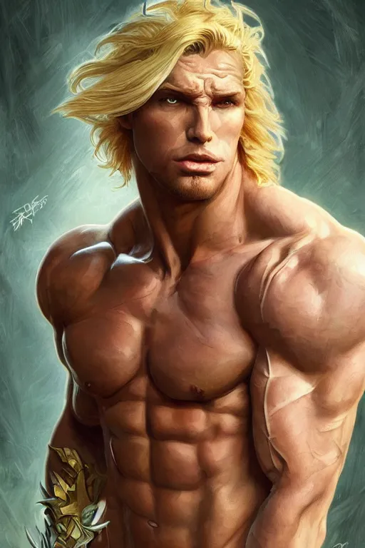 Image similar to portrait of blonde douchebag as a hulking herculean demon, forest, godlike, full body, fantasy, intricate, elegant, highly detailed, digital painting, artstation, concept art, sharp focus, illustration, art by artgerm and greg rutkowski and alphonse mucha