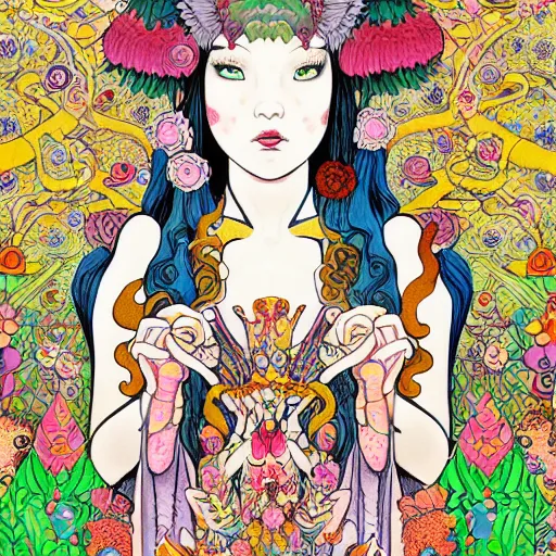 Prompt: a young NeoPagan Goddess of Spring, inside her temple, in a blended style by Junko Mizuno, Henry Darger, and Peter Chung, hyper detailed, colorful digital art, extremely fine inking lines