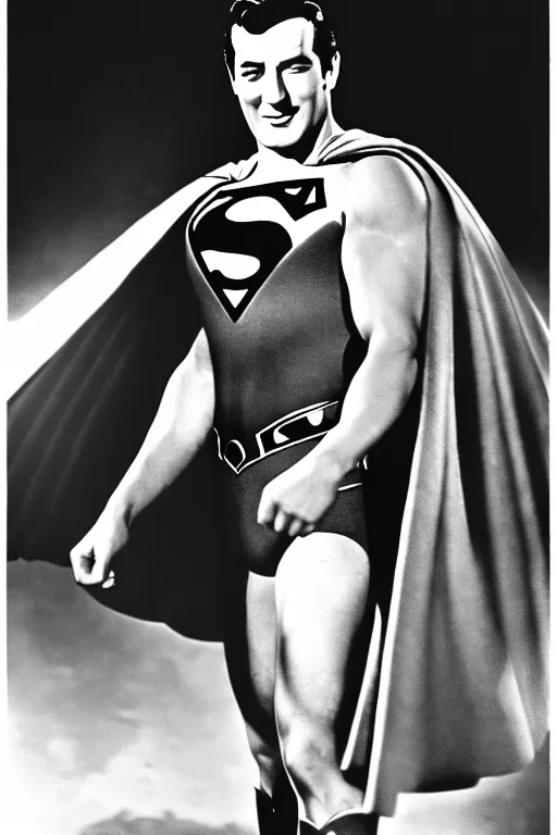 Image similar to rock hudson playing superman in, superhero, dynamic, 3 5 mm lens, heroic, studio lighting