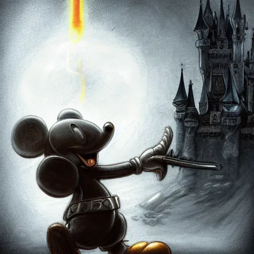 Prompt: Mickey mouse as a dark souls boss by Dariusz Zawadzki