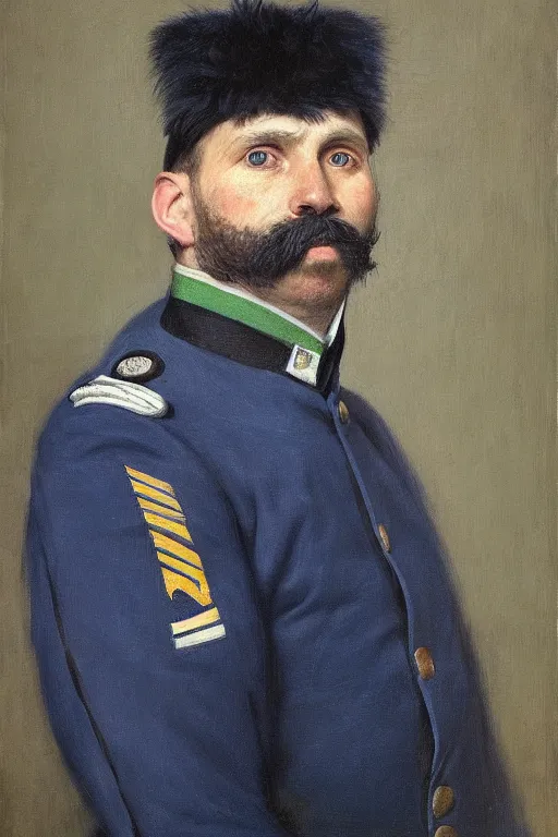 Prompt: battle portrait of the dictator of the minnesota timberwolves, 1 8 8 9, in full military garb, midnight blue, lake blue, aurora green, moonlight grey, oil on canvas by william sidney mount, trending on artstation